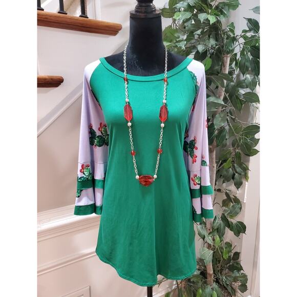 Womens Green & White Cactus Round Neck Long Flare Sleeve Top Blouse Size 3XL - Picture 11 of 11